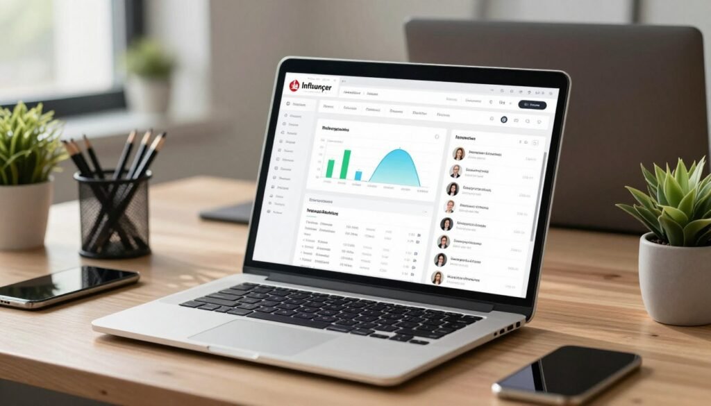 High-quality realistic photo of a digital marketer's desk with a laptop screen displaying a dashboard of various influencer marketing platforms, showing analytics, engagement charts, and profile lists, modern office setting with soft sunlight.