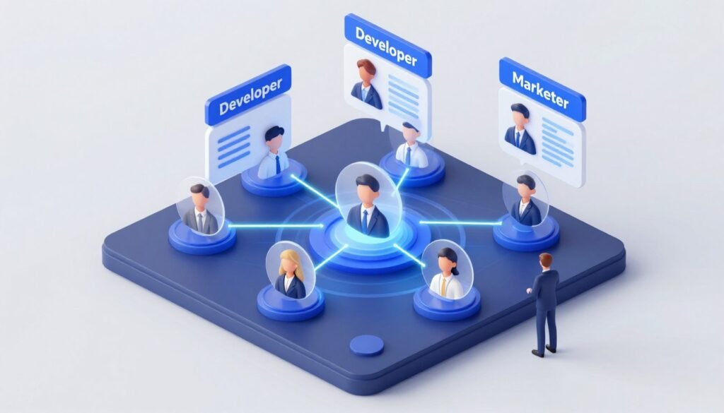 A 3D isometric illustration of a sleek digital interface showing user profiles with skill tags like "Developer" and "Marketer" connecting together with glowing lines.