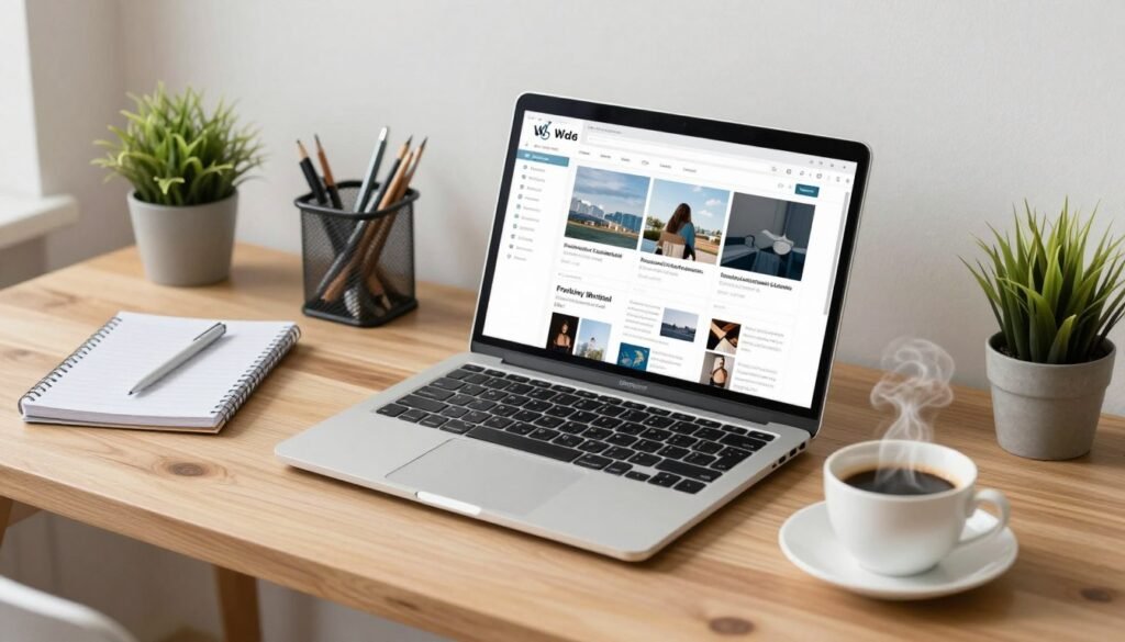 A bright, modern home office setup with a laptop showing a professional freelance writing platform interface and a steaming cup of coffee on a wooden desk.