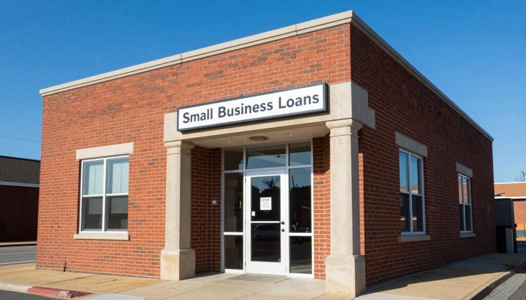 A classic brick bank building with a sign that says "Small Business Loans" under a clear blue sky, professional architectural photography.