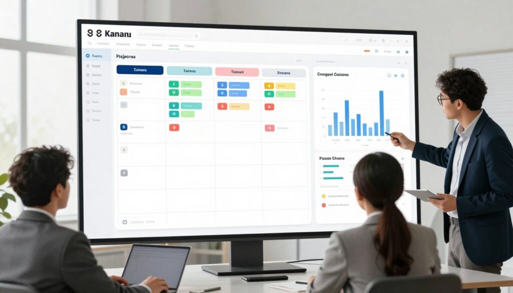 A clean and professional digital workspace showing a free project management tool interface with Kanban boards, color-coded feedback tags, and analytical charts illustrating customer validation trends.
