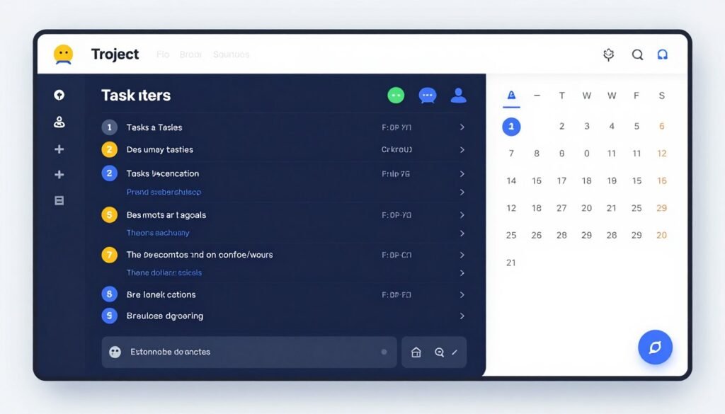 A clean digital dashboard displaying project management software with tasks, team chat icons, and a calendar, vibrant professional colors.