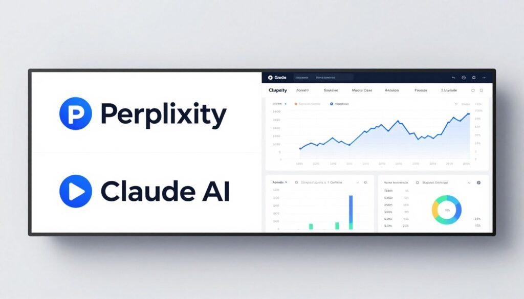 A clean, high-tech split screen showing the logos of Perplexity and Claude AI, with a professional dashboard displaying market trend graphs and data visualizations, minimalist aesthetic, 4k resolution. A clean, high-tech split screen showing the logos of Perplexity and Claude AI, with a professional dashboard displaying market trend graphs and data visualizations, minimalist aesthetic, 4k resolution.