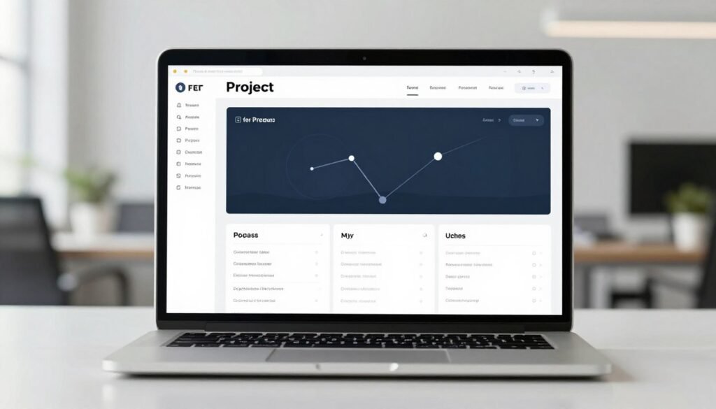 A clean, minimalist digital dashboard of a project management software interface on a laptop screen, soft office lighting, modern aesthetic, high resolution photography.