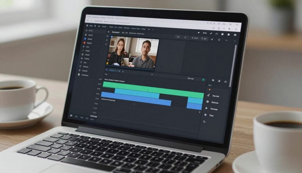 A close-up shot of a modern laptop screen showing the Descript software interface where text is being edited to change a video timeline, workspace with a cup of coffee, cinematic depth of field. A close-up shot of a modern laptop screen showing the Descript software interface where text is being edited to change a video timeline, workspace with a cup of coffee, cinematic depth of field.