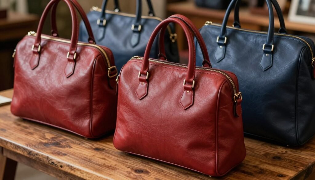 A close-up shot of classic Cambridge Satchel Company leather bags in various colors like deep red and navy blue, arranged on a rustic wooden table.