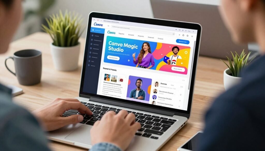 A colorful and modern workspace featuring a laptop screen displaying the Canva Magic Studio interface with AI-generated social media graphics and vibrant marketing banners. A colorful and modern workspace featuring a laptop screen displaying the Canva Magic Studio interface with AI-generated social media graphics and vibrant marketing banners.