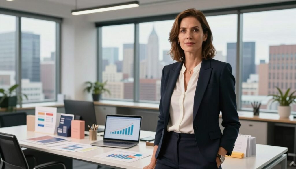 A determined female entrepreneur, inspired by Sara Blakely, stands confidently in a modern, well-lit office space. In the foreground, she wears professional business attire, showcasing a polished look with a blazer and tailored blouse. Her expression reflects resilience and ambition. In the middle ground, a sleek desk is cluttered with innovative products, charts, and a laptop displaying graphs of growth, symbolizing the challenges of entrepreneurship. The background features a large window with a cityscape of New York City, underscoring the bustling environment of startups. The lighting is bright and uplifting, casting a warm glow that enhances the atmosphere of determination and success. The angle captures her from a slightly low vantage point, emphasizing her strength and leadership. A determined female entrepreneur, inspired by Sara Blakely, stands confidently in a modern, well-lit office space. In the foreground, she wears professional business attire, showcasing a polished look with a blazer and tailored blouse. Her expression reflects resilience and ambition. In the middle ground, a sleek desk is cluttered with innovative products, charts, and a laptop displaying graphs of growth, symbolizing the challenges of entrepreneurship. The background features a large window with a cityscape of New York City, underscoring the bustling environment of startups. The lighting is bright and uplifting, casting a warm glow that enhances the atmosphere of determination and success. The angle captures her from a slightly low vantage point, emphasizing her strength and leadership.
