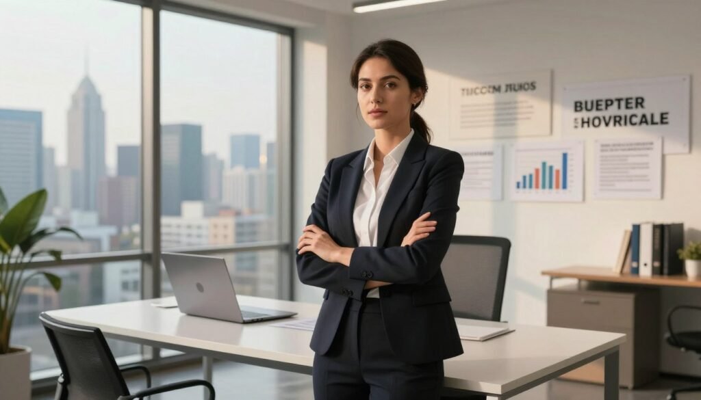 A determined female entrepreneur stands confidently in a modern office setting, embodying the spirit of entrepreneurial success. In the foreground, she is dressed in professional business attire, exuding an air of authority and resilience. The middle ground features a sleek, minimalist desk with a laptop, inspirational quotes on the wall, and business charts, symbolizing goals and achievements. The background showcases a panoramic view of a vibrant city skyline through large windows, representing opportunity. Soft, warm lighting bathes the scene, enhancing the feeling of optimism and ambition. The camera angle is slightly low, emphasizing her stature and determination, creating a powerful atmosphere of overcoming challenges and striving for success.
