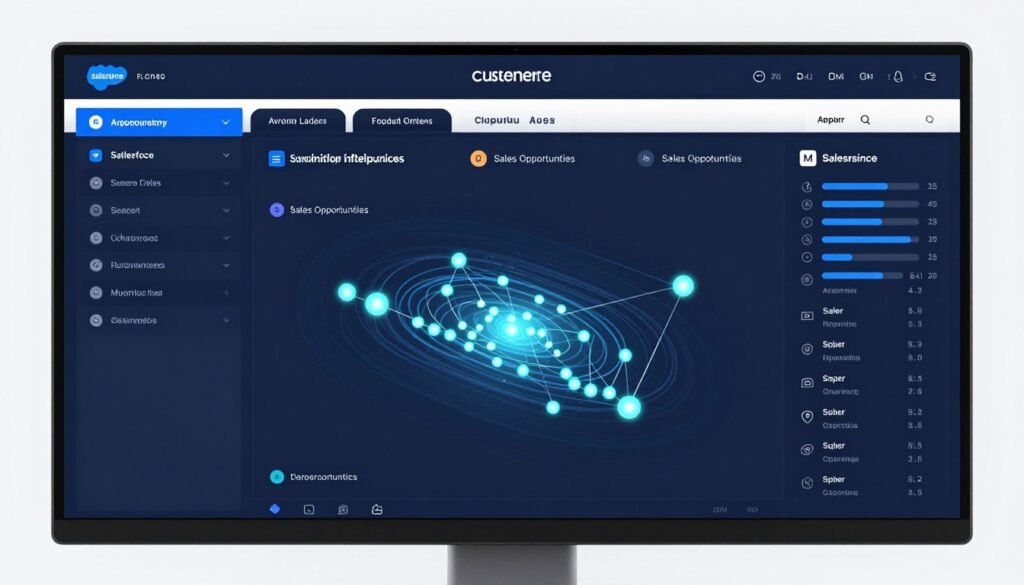 A digital dashboard showing customer data intelligence maps, glowing nodes of sales opportunities, clean corporate aesthetic, Salesforce branding colors. A digital dashboard showing customer data intelligence maps, glowing nodes of sales opportunities, clean corporate aesthetic, Salesforce branding colors.