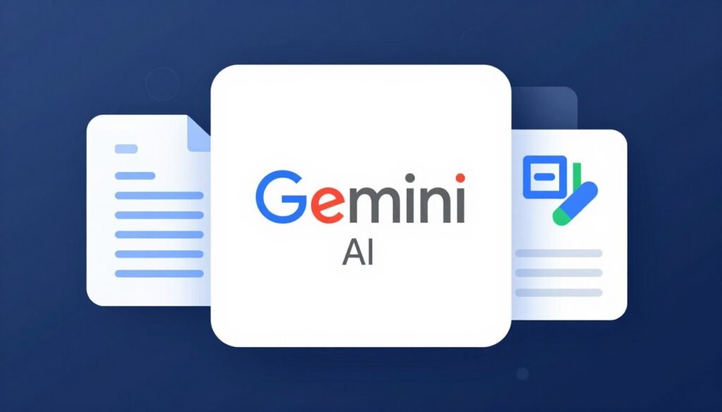 A digital illustration of Google Gemini AI branding integrated with Google Workspace icons like Docs and Sheets, clean and corporate style.