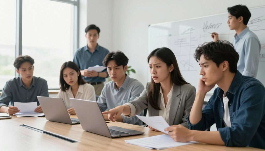 A diverse group of inexperienced employees gathered around a conference table in a modern office setting. In the foreground, a young woman in a smart casual outfit points to a laptop screen, clearly unsure but eager to contribute. Beside her, a young man fidgets with his notes, looking anxious. The middle ground features a few more team members, including a woman reviewing a document and a man glancing at a whiteboard filled with scribbles and unclear diagrams. In the background, large windows let in bright, natural light, creating an open and slightly chaotic workplace atmosphere. The overall mood is one of uncertainty mixed with the hope of collaboration, emphasizing the theme of inexperienced teamwork in a professional environment.