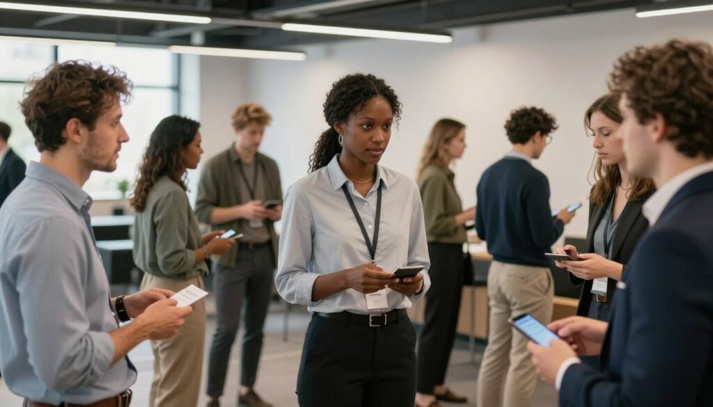 A diverse group of professional business owners networking at a modern conference hall, talking and sharing digital business cards.