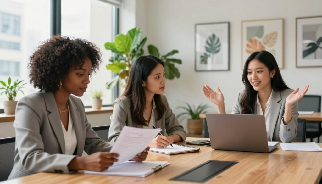 A diverse group of three female entrepreneurs, exuding confidence and ambition, is gathered around a modern conference table in a well-lit office space. The foreground features a Black woman in a tailored blazer, intently reviewing documents; a Hispanic woman with a notepad, brainstorming ideas; and an Asian woman gesturing with enthusiasm while presenting a laptop. In the middle ground, vibrant green plants and inspirational artwork create a motivating environment. The background shows large windows with soft, natural light streaming in, highlighting a bustling cityscape. The atmosphere is collaborative and empowering, capturing the spirit of women overcoming challenges to build their businesses. The image should have a warm color palette and a slight depth of field, enhancing the focus on the women and their entrepreneurial spirit.
