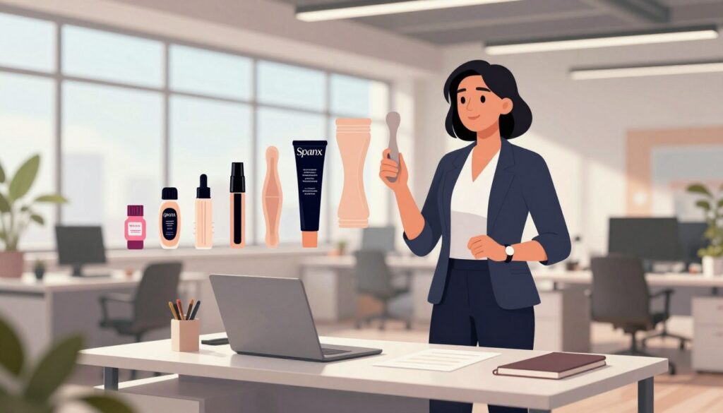 A dynamic illustration capturing the innovative journey of the Spanx founder, centered around a modern, stylish office workspace. In the foreground, a confident businesswoman in professional attire stands beside a sleek desk, holding a prototype of a new product, symbolizing her entrepreneurial spirit. The middle layer features visual representations of Spanx’s iconic products artistically arranged, showing their evolution over time. The background presents a bright, open-plan office with large windows, letting in natural light that creates an inspiring and optimistic atmosphere. A soft lens focus blurs the edges slightly, emphasizing the subject while suggesting movement and growth. The overall mood is one of determination, innovation, and success, suitable for highlighting the themes of evolution and business achievement.