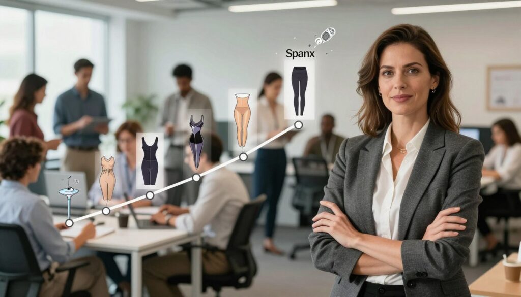 A dynamic scene depicting the journey of the Spanx founder, illustrating innovation and growth. In the foreground, a confident woman in professional business attire stands with arms crossed, exuding leadership and determination. In the middle, display a timeline of Spanx's evolution, featuring key products like shapewear and activewear, artistically represented as floating icons or sketches. The background features a bustling office environment with a diverse group of professionals collaborating, showcasing teamwork and creativity. Bright, inspirational lighting bathes the scene, emphasizing a sense of optimism and forward momentum. Use a slightly elevated angle to capture both the founder's presence and the collaborative spirit of the workspace. The overall mood is empowering and visionary, celebrating entrepreneurial success and innovative leadership.