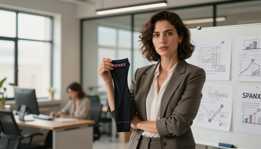 A dynamic scene showcasing the innovative journey of the Spanx founder, positioned in a modern office environment. In the foreground, a confident female entrepreneur, dressed in stylish business attire, stands proudly holding a sample of Spanx products. Her facial expression conveys determination and creativity. The middle ground reveals a sleek workspace filled with design sketches and a whiteboard covered in brainstorming notes about growth strategies. In the background, large windows let in soft, natural light, illuminating the space with a warm and inviting ambiance. The atmosphere is one of inspiration and forward-thinking, symbolizing innovation and resilience amidst challenges. The focus should be on empowerment and entrepreneurial spirit, framed with a lens that captures the vibrancy of the setting, highlighting both modernity and tradition in the business world. A dynamic scene showcasing the innovative journey of the Spanx founder, positioned in a modern office environment. In the foreground, a confident female entrepreneur, dressed in stylish business attire, stands proudly holding a sample of Spanx products. Her facial expression conveys determination and creativity. The middle ground reveals a sleek workspace filled with design sketches and a whiteboard covered in brainstorming notes about growth strategies. In the background, large windows let in soft, natural light, illuminating the space with a warm and inviting ambiance. The atmosphere is one of inspiration and forward-thinking, symbolizing innovation and resilience amidst challenges. The focus should be on empowerment and entrepreneurial spirit, framed with a lens that captures the vibrancy of the setting, highlighting both modernity and tradition in the business world.