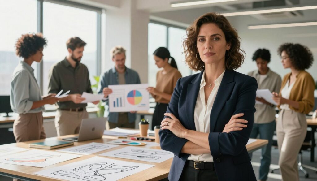 A dynamic scene showcasing the innovative journey of the Spanx founder, positioned in the foreground as a determined woman in professional business attire, exuding confidence and resilience. She's surrounded by sketches and prototypes of her products, illustrating her creative process. In the middle ground, a diverse group of supporters and team members collaborate, reviewing charts and brainstorming ideas, symbolizing teamwork and perseverance in overcoming initial challenges. The background features a modern office setting with large windows, allowing natural sunlight to illuminate the room, creating an inspiring and hopeful atmosphere. The image should evoke a sense of determination and positivity, with a focus on collaboration and innovation, captured from a slightly angled perspective to add depth.