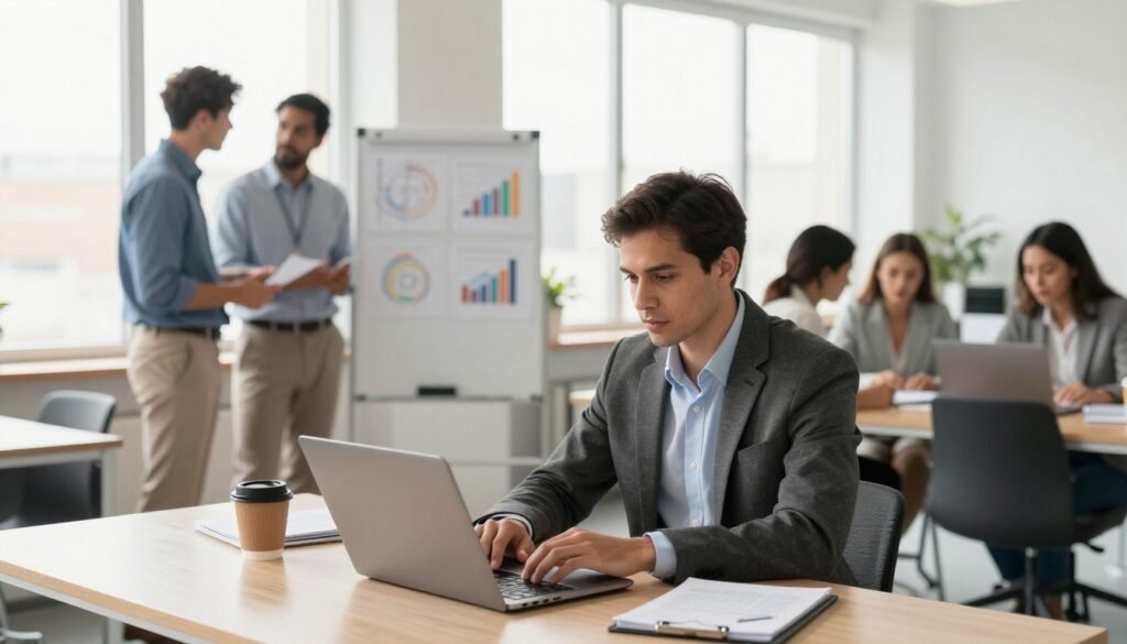 A dynamic workspace scene showcasing the essential skills for serial entrepreneurship. In the foreground, a confident entrepreneur in professional attire sits at a modern desk, surrounded by open laptops, notepads, and coffee cups, exuding focus and determination. In the middle ground, a diverse group of professionals collaborates, discussing ideas with charts and graphs on a whiteboard, illustrating teamwork and innovation. The background features a bright, airy office space with large windows, allowing natural light to flood the room, creating an inspiring and energetic atmosphere. The image should convey motivation and creativity, with soft, warm lighting and a depth of field that keeps the subject in sharp focus while softly blurring the background elements. Use a slightly elevated angle to capture both the entrepreneur's engagement and the collaborative spirit of the workspace.