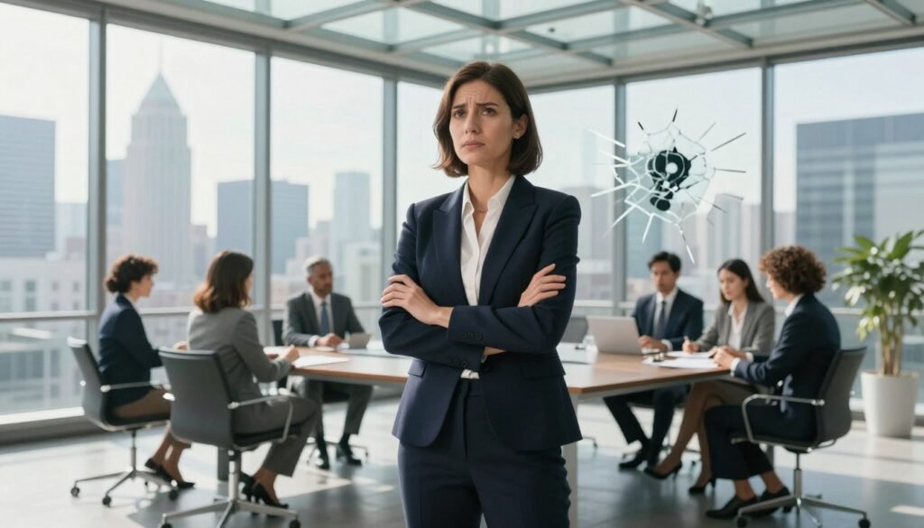 A female CEO stands confidently in a modern glass office, surrounded by large windows revealing a city skyline. She is dressed in a sharp, professional business suit, embodying determination amid adversity. In the foreground, a subtle reflection of her face shows a hint of uncertainty, illustrating the emotional challenges she faces. In the middle ground, a diverse group of colleagues in business attire engage in a meeting, symbolizing collaboration yet highlighting the dynamic pressures women in leadership experience. In the background, images of barriers such as a glass ceiling and shattered stereotypes are subtly integrated into the window view. The lighting is bright and uplifting, casting a warm glow on the subjects while creating a sense of hope and resilience. The overall mood conveys strength, tenacity, and the ongoing struggle against persistent barriers faced by female CEOs. A female CEO stands confidently in a modern glass office, surrounded by large windows revealing a city skyline. She is dressed in a sharp, professional business suit, embodying determination amid adversity. In the foreground, a subtle reflection of her face shows a hint of uncertainty, illustrating the emotional challenges she faces. In the middle ground, a diverse group of colleagues in business attire engage in a meeting, symbolizing collaboration yet highlighting the dynamic pressures women in leadership experience. In the background, images of barriers such as a glass ceiling and shattered stereotypes are subtly integrated into the window view. The lighting is bright and uplifting, casting a warm glow on the subjects while creating a sense of hope and resilience. The overall mood conveys strength, tenacity, and the ongoing struggle against persistent barriers faced by female CEOs.