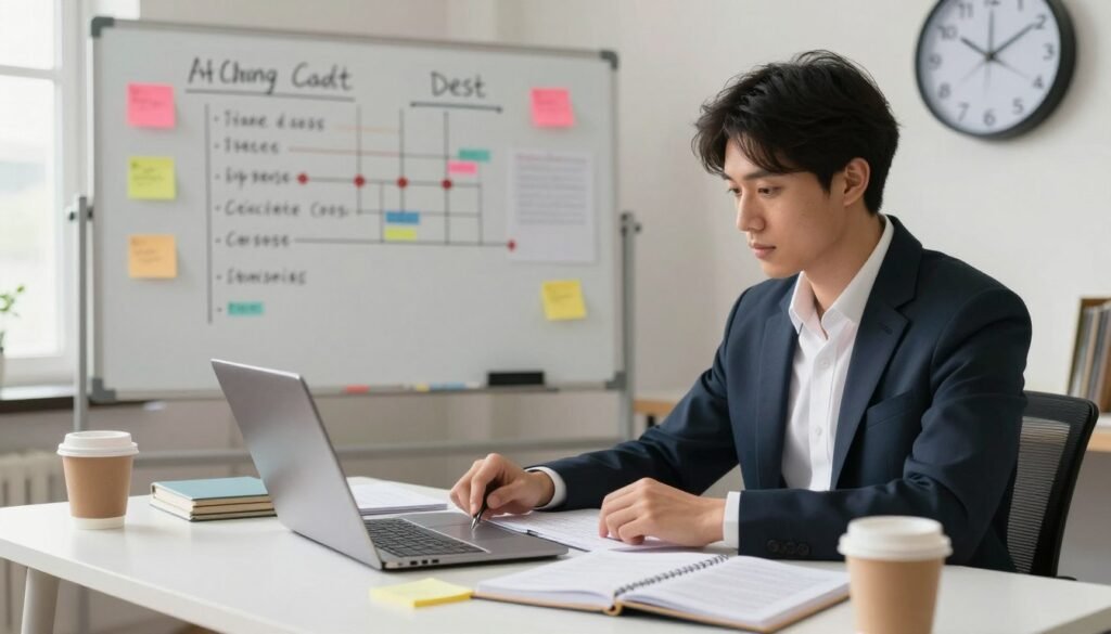 A focused individual, dressed in professional business attire, sits at a tidy desk cluttered with planners, a laptop, and a wall clock that symbolizes time management. In the foreground, coffee cups and sticky notes are strategically placed to convey a productive atmosphere. The middle ground features a whiteboard filled with organized notes and timeline diagrams illustrating tasks and goals. In the background, soft natural light streams through a window, creating a warm yet motivating vibe. The angle is slightly elevated, providing a comprehensive view of the workspace. The mood is one of determination and focus, reflecting the essence of mastering self-discipline and effective time management for a side hustle.
