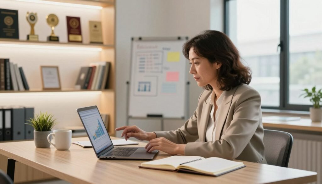A focused solopreneur sits at a modern desk, surrounded by a laptop, notebooks, and a coffee mug, showcasing a dynamic workspace. In the foreground, the solopreneur is a middle-aged woman in professional business attire, deeply engaged in analyzing charts on her laptop screen. The background features a bright, airy office with large windows letting in natural light, creating an uplifting mood. On the shelves, various business awards and books reflect a commitment to self-improvement. The middle layer includes a whiteboard with brainstorming notes, emphasizing the strategic aspect of solopreneurship. The lighting is warm and inviting, casting soft shadows to create a sense of focus and productivity. The perspective captures a well-organized yet creative environment, illustrating the balance solopreneurs maintain in managing their business operations efficiently.