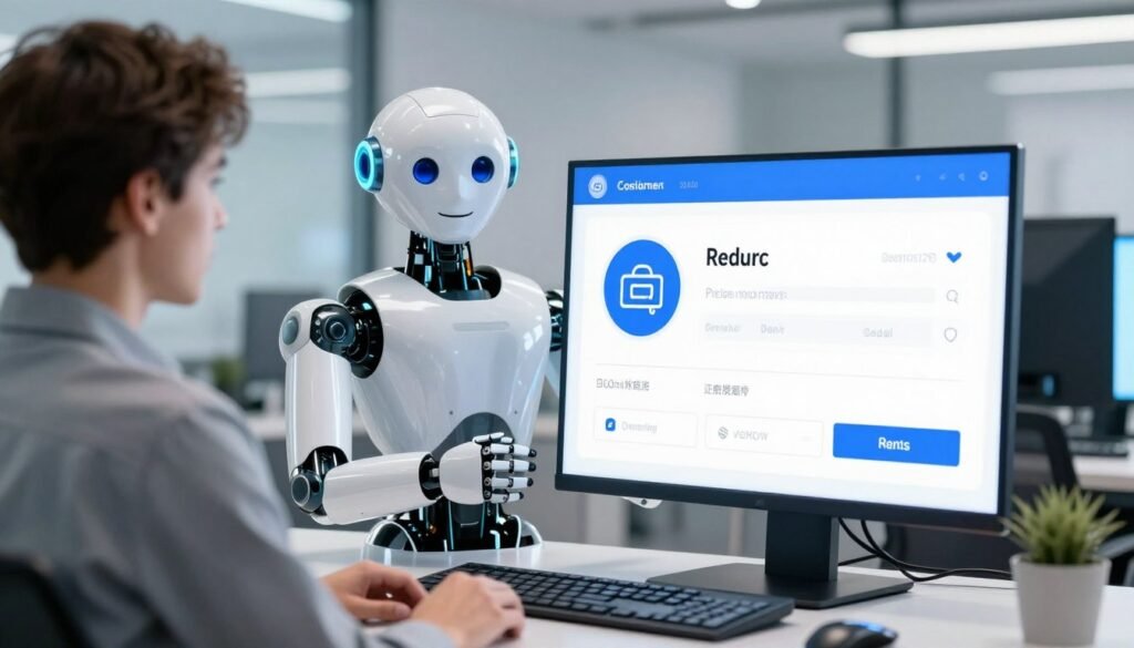 A friendly AI robot assistant helping a customer with a refund on a sleek digital interface, professional blue and white branding, high-tech customer service office background. A friendly AI robot assistant helping a customer with a refund on a sleek digital interface, professional blue and white branding, high-tech customer service office background.