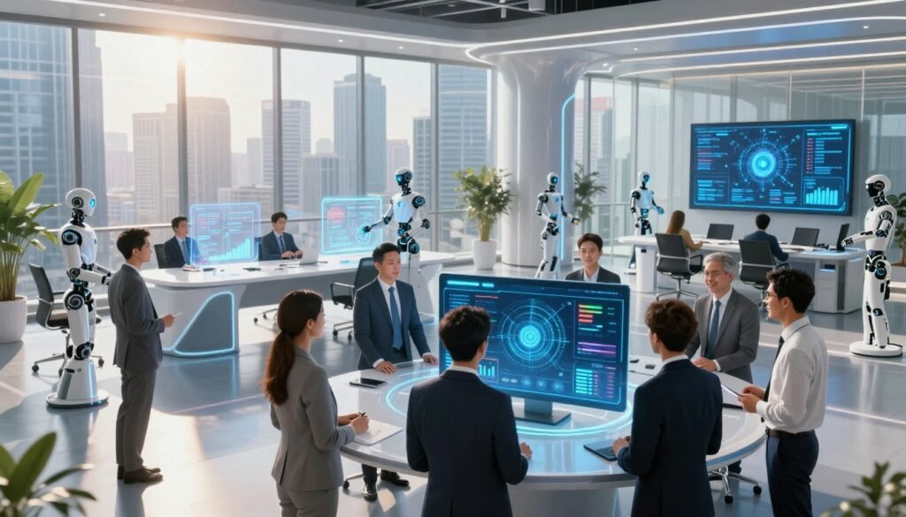 A futuristic corporate office space showcasing an AI-first thinking strategy. In the foreground, a diverse group of professionals in smart business attire collaborates around a sleek, digital interface displaying complex data analytics and AI-driven insights. The middle layer features a modern conference table with holographic displays and AI robotic assistants interacting with the team. In the background, large glass windows reveal a vibrant city skyline, symbolizing progress and innovation. The lighting is bright and dynamic, with sunlight streaming through the windows, creating a hopeful atmosphere. The image captures the essence of structural competitive advantage through teamwork, technology, and forward-thinking, emphasizing a strong blend of people and artificial intelligence. A futuristic corporate office space showcasing an AI-first thinking strategy. In the foreground, a diverse group of professionals in smart business attire collaborates around a sleek, digital interface displaying complex data analytics and AI-driven insights. The middle layer features a modern conference table with holographic displays and AI robotic assistants interacting with the team. In the background, large glass windows reveal a vibrant city skyline, symbolizing progress and innovation. The lighting is bright and dynamic, with sunlight streaming through the windows, creating a hopeful atmosphere. The image captures the essence of structural competitive advantage through teamwork, technology, and forward-thinking, emphasizing a strong blend of people and artificial intelligence.