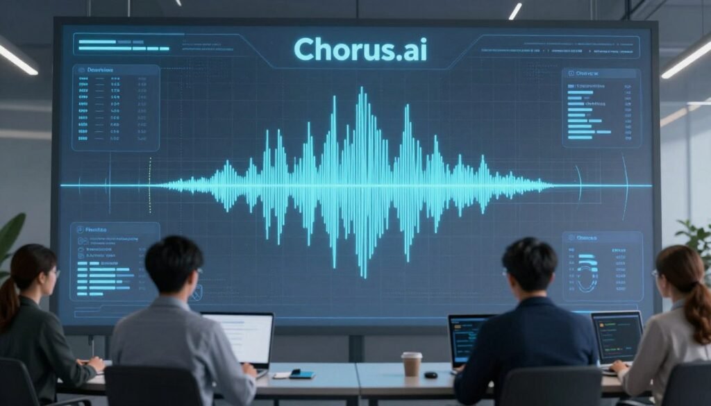 A futuristic visualization of artificial intelligence analyzing a voice waveform, representing Chorus.ai conversation intelligence for sales teams. A futuristic visualization of artificial intelligence analyzing a voice waveform, representing Chorus.ai conversation intelligence for sales teams.
