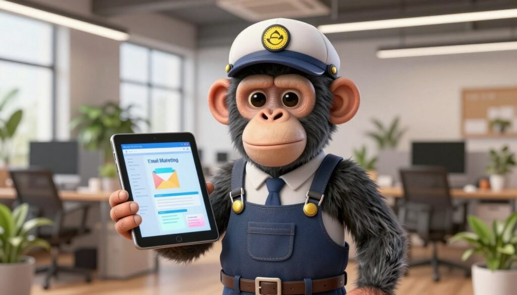 A high-quality 3D render of a friendly chimpanzee character wearing a vintage postman outfit, holding a tablet with a colorful email marketing dashboard, set in a modern and bright startup office with plants and soft lighting.