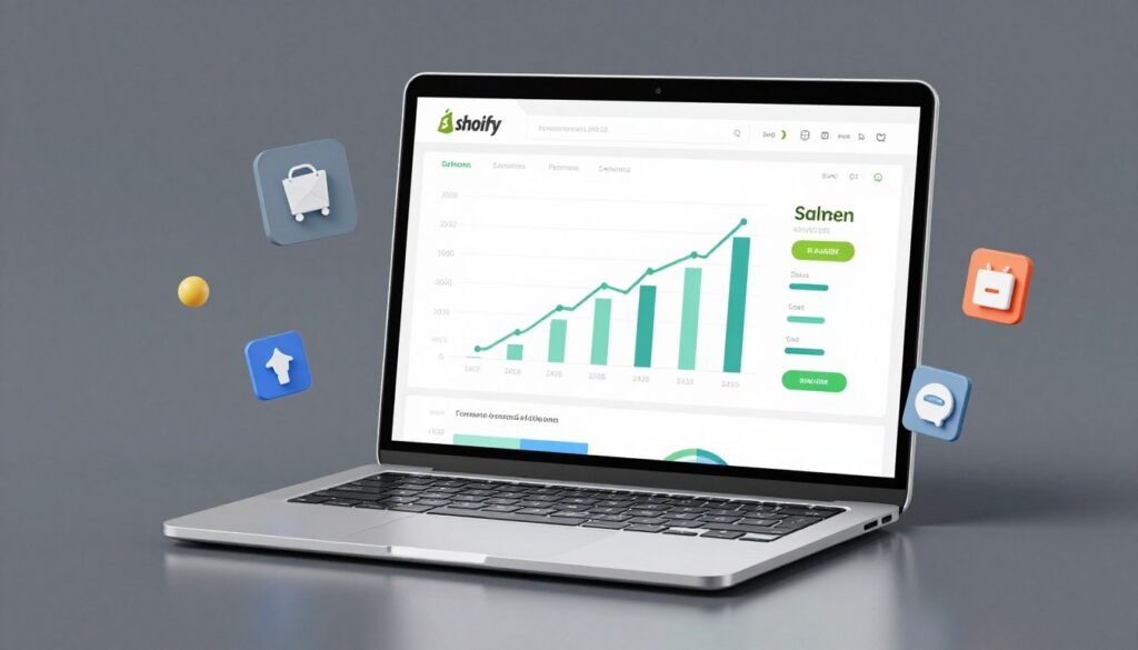 A high-quality 3D render of a laptop displaying a Shopify ecommerce platform dashboard with growing sales charts and digital shopping icons. A high-quality 3D render of a laptop displaying a Shopify ecommerce platform dashboard with growing sales charts and digital shopping icons.