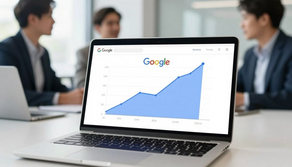 A high-quality image of a laptop screen showing a Google Trends graph with a sharp upward trend, bright modern office setting, professional atmosphere.