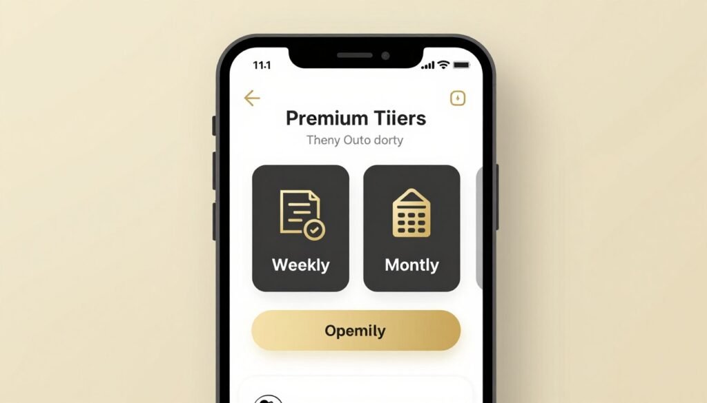 A high-quality mobile app interface showing premium dating subscription tiers with gold highlights and icons for weekly and monthly plans. A high-quality mobile app interface showing premium dating subscription tiers with gold highlights and icons for weekly and monthly plans.