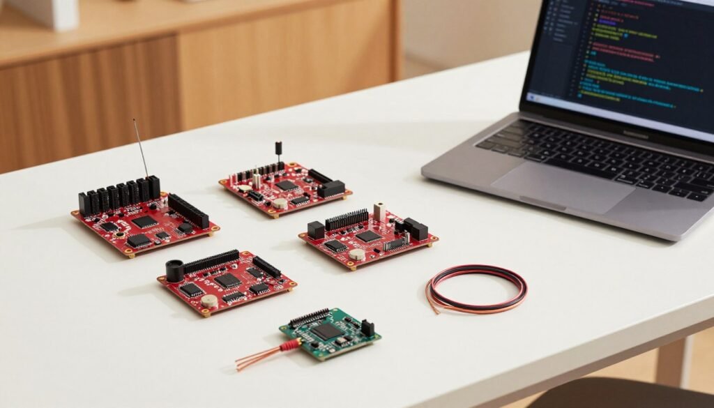 A high-quality, professional photograph of a clean, modern workspace featuring various SparkFun Electronics components, including red circuit boards, microcontrollers, and thin copper wires, arranged neatly next to a laptop displaying code, warm indoor lighting.