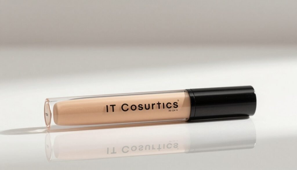 A high-quality studio product shot of IT Cosmetics CC+ Cream and Bye Bye Under Eye concealer on a clean, reflective surface with soft, natural lighting.