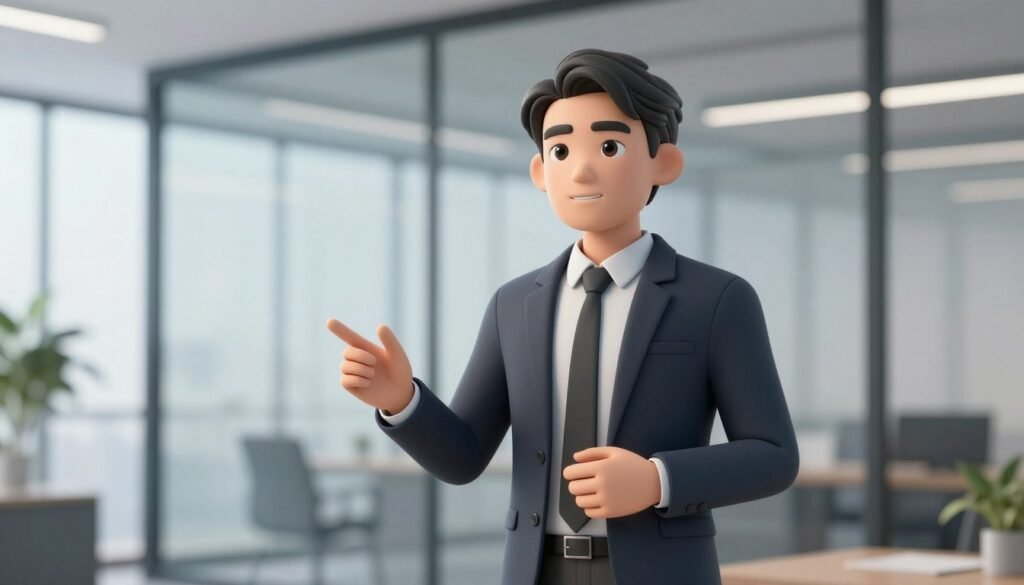 A high-resolution 3D render of a realistic AI virtual avatar presenting a business keynote in a sleek, glass-walled office, soft natural lighting, professional atmosphere.