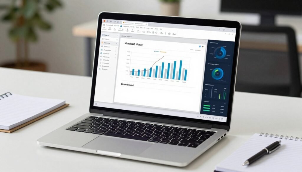 A high-resolution image of a laptop screen displaying Microsoft Word and Excel with an AI sidebar generating a business report and complex data visualizations. A high-resolution image of a laptop screen displaying Microsoft Word and Excel with an AI sidebar generating a business report and complex data visualizations.
