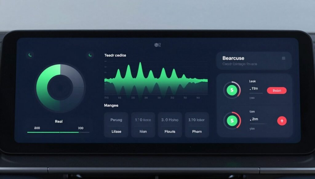 A high-tech dashboard displaying phone call analytics, colorful wave forms, and lead quality scorecards with green and red indicators, sleek UI design. A high-tech dashboard displaying phone call analytics, colorful wave forms, and lead quality scorecards with green and red indicators, sleek UI design.