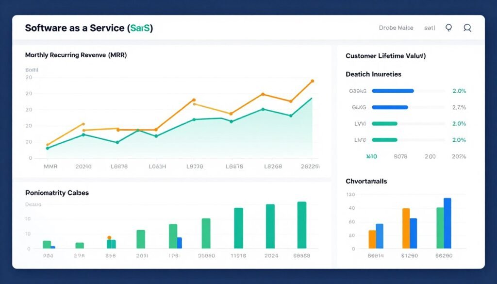 A high-tech data analytics screen displaying real-time SaaS metrics like MRR, LTV, and cohort analysis with colorful line graphs and bar charts. A high-tech data analytics screen displaying real-time SaaS metrics like MRR, LTV, and cohort analysis with colorful line graphs and bar charts.