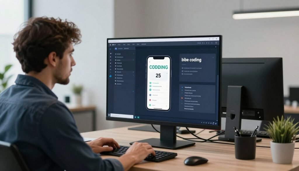 A high-tech workspace showing a solo founder using a "vibe coding" software interface to build a sleek 2025 mobile app, realistic cinematic lighting, minimalist office background, 8k resolution. A high-tech workspace showing a solo founder using a "vibe coding" software interface to build a sleek 2025 mobile app, realistic cinematic lighting, minimalist office background, 8k resolution.