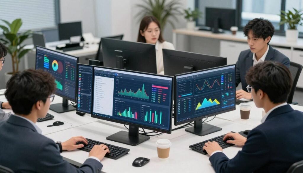 A high-tech workspace with multiple monitors displaying colorful digital marketing analytics, performance charts, and modern SEO tools.