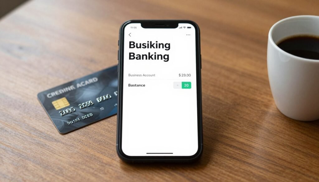 A minimalist interface of a mobile banking app showing a business account balance, with a credit card and coffee cup on a wooden table, sharp focus.