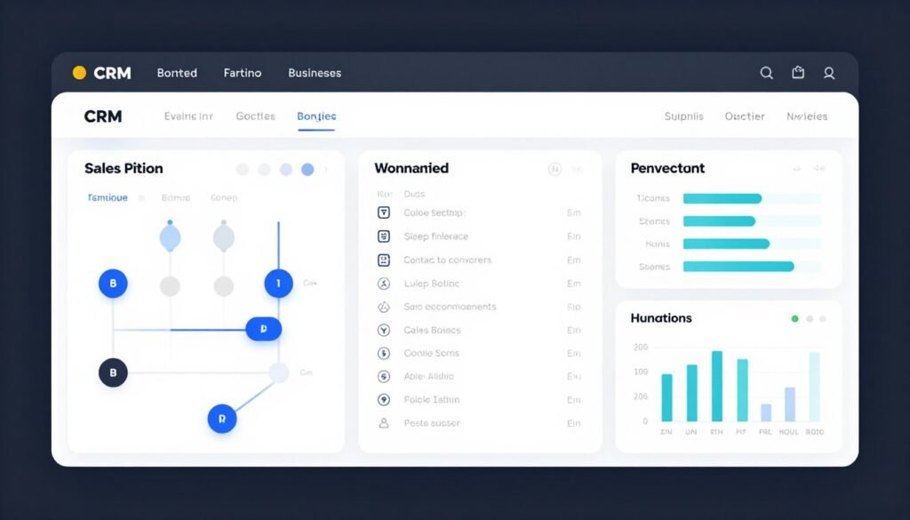 A modern digital dashboard of a CRM software for small business displaying sales pipelines, contact management tools, and lead tracking analytics.