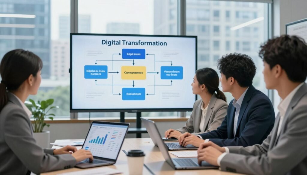 A modern office environment depicting digital transformation, featuring a diverse group of three professionals engaged in a brainstorming session. The foreground includes a table with digital devices like tablets and laptops displaying graphs and data analytics. In the middle ground, a large screen shows a flowchart with clear, measurable goals highlighted. In the background, panoramic windows reveal a bustling cityscape, symbolizing growth and opportunity. The lighting is bright and inviting, with a soft focus on the professionals, who are dressed in smart business attire, reflecting a collaborative atmosphere. The overall mood is focused and innovative, embodying the excitement and clarity of setting goals for digital transformation in small businesses.