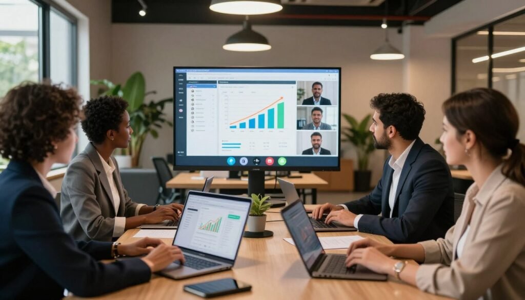 A modern office environment filled with diverse video platform users engaged in a Zoom meeting. In the foreground, three people are focused on their laptops, displaying professionalism in business attire. A Black woman, a South Asian man, and a Caucasian woman exude a sense of collaboration and concentration. The middle ground features a large screen showcasing dynamic visuals of the Zoom interface, with colorful graphs and user statistics. The background displays contemporary office decor, including plants and modern furniture. The lighting is warm and inviting, with soft overhead lights and natural sunlight filtering through large windows. The atmosphere is energetic, conveying a sense of innovation and teamwork during the early stages of building a successful video platform. A modern office environment filled with diverse video platform users engaged in a Zoom meeting. In the foreground, three people are focused on their laptops, displaying professionalism in business attire. A Black woman, a South Asian man, and a Caucasian woman exude a sense of collaboration and concentration. The middle ground features a large screen showcasing dynamic visuals of the Zoom interface, with colorful graphs and user statistics. The background displays contemporary office decor, including plants and modern furniture. The lighting is warm and inviting, with soft overhead lights and natural sunlight filtering through large windows. The atmosphere is energetic, conveying a sense of innovation and teamwork during the early stages of building a successful video platform.