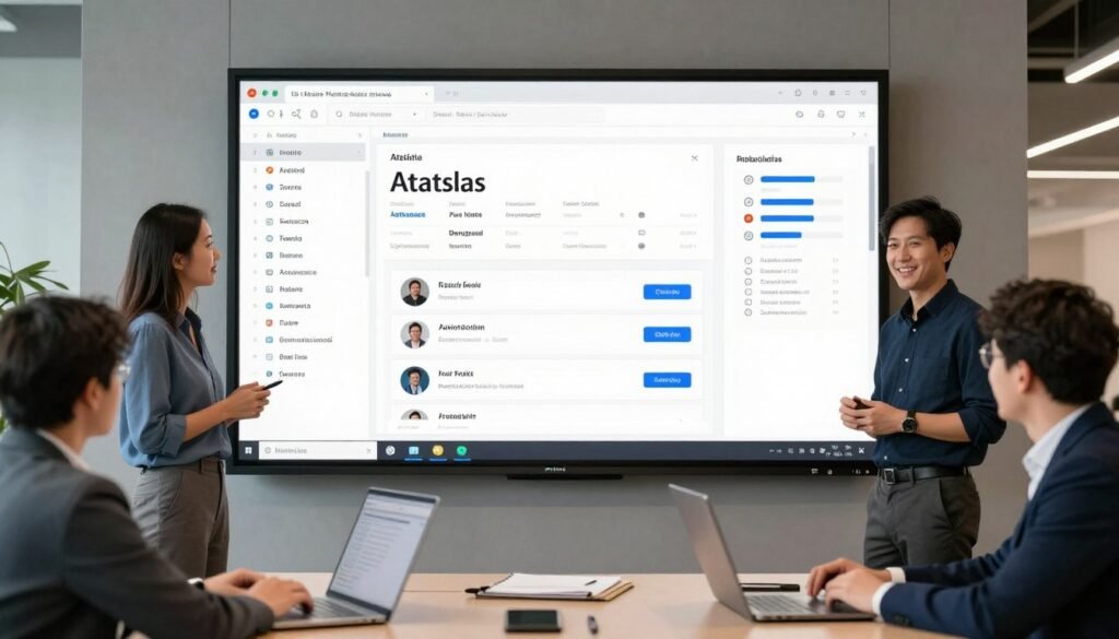 A modern office interior with a digital screen showing Atlassian Jira software boards and team collaboration tools in use. A modern office interior with a digital screen showing Atlassian Jira software boards and team collaboration tools in use.