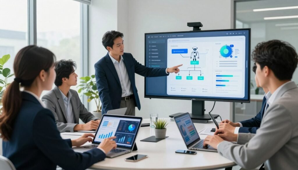 A modern office setting featuring diverse professionals collaborating around a sleek round table. In the foreground, a businesswoman in smart attire analyzes data on a tablet, with graphs and charts displayed vividly. In the middle, a man in a sharp suit points to a large digital screen showcasing various AI tools like chatbots, analytics dashboards, and automation workflows, all designed for business growth. The background reveals a bright, airy office with large windows, natural light streaming in, and greenery for a fresh atmosphere. The camera angle is slightly above eye level, providing a comprehensive view of the teamwork. The overall mood is focused, innovative, and optimistic, reflecting the essential role of AI in entrepreneurship for the future. A modern office setting featuring diverse professionals collaborating around a sleek round table. In the foreground, a businesswoman in smart attire analyzes data on a tablet, with graphs and charts displayed vividly. In the middle, a man in a sharp suit points to a large digital screen showcasing various AI tools like chatbots, analytics dashboards, and automation workflows, all designed for business growth. The background reveals a bright, airy office with large windows, natural light streaming in, and greenery for a fresh atmosphere. The camera angle is slightly above eye level, providing a comprehensive view of the teamwork. The overall mood is focused, innovative, and optimistic, reflecting the essential role of AI in entrepreneurship for the future.
