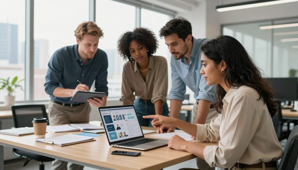 A modern office setting with a diverse group of four professionals, engaged in a discussion around a laptop displaying social media interfaces. In the foreground, a South Asian woman in smart casual attire points at the screen, showcasing engagement metrics. Beside her, a Caucasian man takes notes on a tablet, while a Black woman and a Hispanic man lean in, nodding in agreement. The middle ground features a stylishly arranged desk cluttered with notepads and coffee cups, emphasizing a brainstorming atmosphere. The background shows large windows with a view of a city skyline, allowing natural light to flood the room, creating a bright and optimistic mood. The image conveys collaboration, innovation, and the dynamic nature of social media as a tool for business validation.