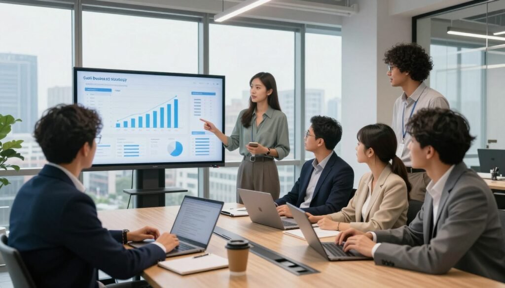 A modern office space showcasing a collaborative environment for a SaaS business growth strategy session. In the foreground, a diverse group of four professionals, dressed in smart business attire, are engaged in discussion around a large digital touchscreen displaying growth charts and analytics. The middle ground features a stylish conference table with laptops, notepads, and coffee cups, highlighting a productive atmosphere. In the background, large windows offer a panoramic view of a city skyline, symbolizing opportunity and expansion. Soft, natural lighting brightens the room, creating an inviting yet focused ambiance. The angle captures a dynamic perspective, emphasizing teamwork and innovative thinking, suitable for illustrating a growth strategy in a SaaS context. A modern office space showcasing a collaborative environment for a SaaS business growth strategy session. In the foreground, a diverse group of four professionals, dressed in smart business attire, are engaged in discussion around a large digital touchscreen displaying growth charts and analytics. The middle ground features a stylish conference table with laptops, notepads, and coffee cups, highlighting a productive atmosphere. In the background, large windows offer a panoramic view of a city skyline, symbolizing opportunity and expansion. Soft, natural lighting brightens the room, creating an inviting yet focused ambiance. The angle captures a dynamic perspective, emphasizing teamwork and innovative thinking, suitable for illustrating a growth strategy in a SaaS context.