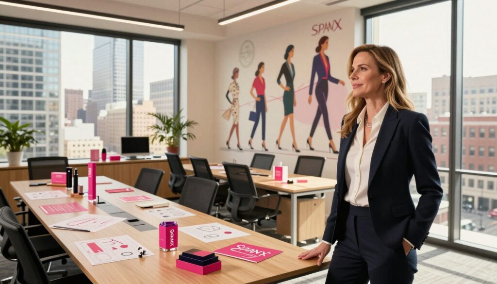A modern, vibrant office space reflecting the growth of Sara Blakely's business empire, Spanx. In the foreground, a confident woman in professional business attire stands by a large window, looking out over a bustling cityscape, symbolizing success and ambition. In the middle, a stylishly decorated meeting room with a long table, charts, and innovative products on display, showcasing Spanx's evolution. In the background, a large wall mural depicting the evolution of women’s fashion and empowerment. Natural, warm lighting floods the scene, creating a motivating atmosphere. The camera angle is slightly elevated, emphasizing the scale of the office and the dynamic environment, inspiring a sense of progress and leadership in business.